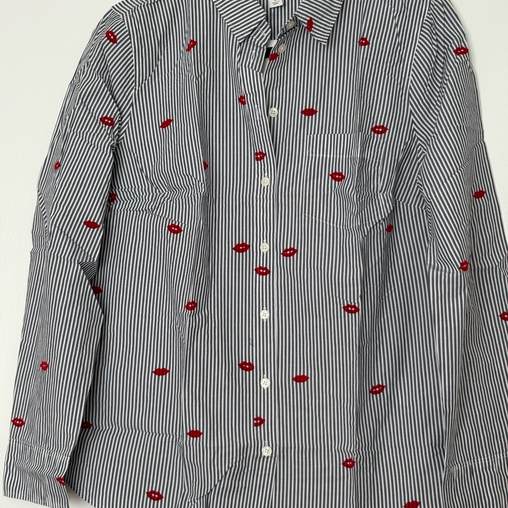 J. Crew Women’s Striped Shirt with Red Lip Embroidery Size M